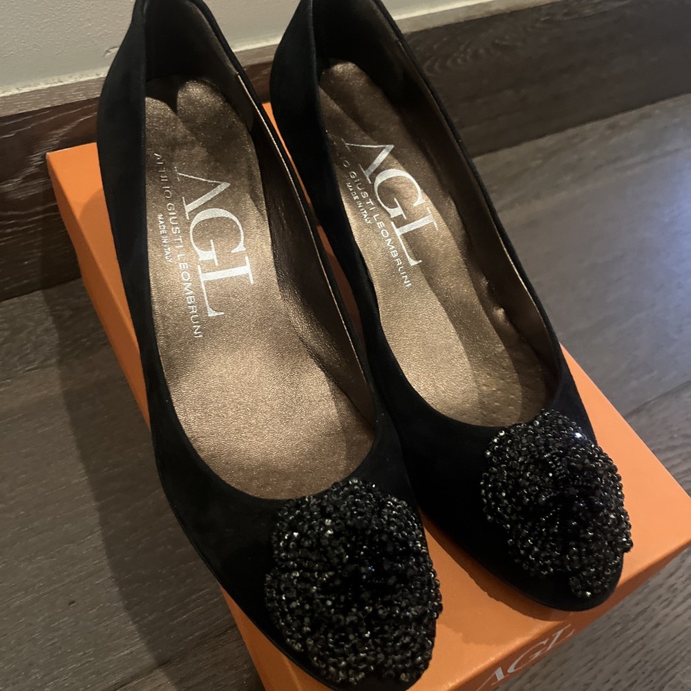 AGL Black Glitter Flower Toe/ Suede Leather Kitten Heel Nero Size 38.5